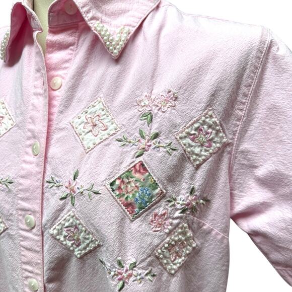 Vintage Jane Ashley Floral Pearl Embellished Short Sleeve Button Up Pink 14/16 - Picture 3 of 8